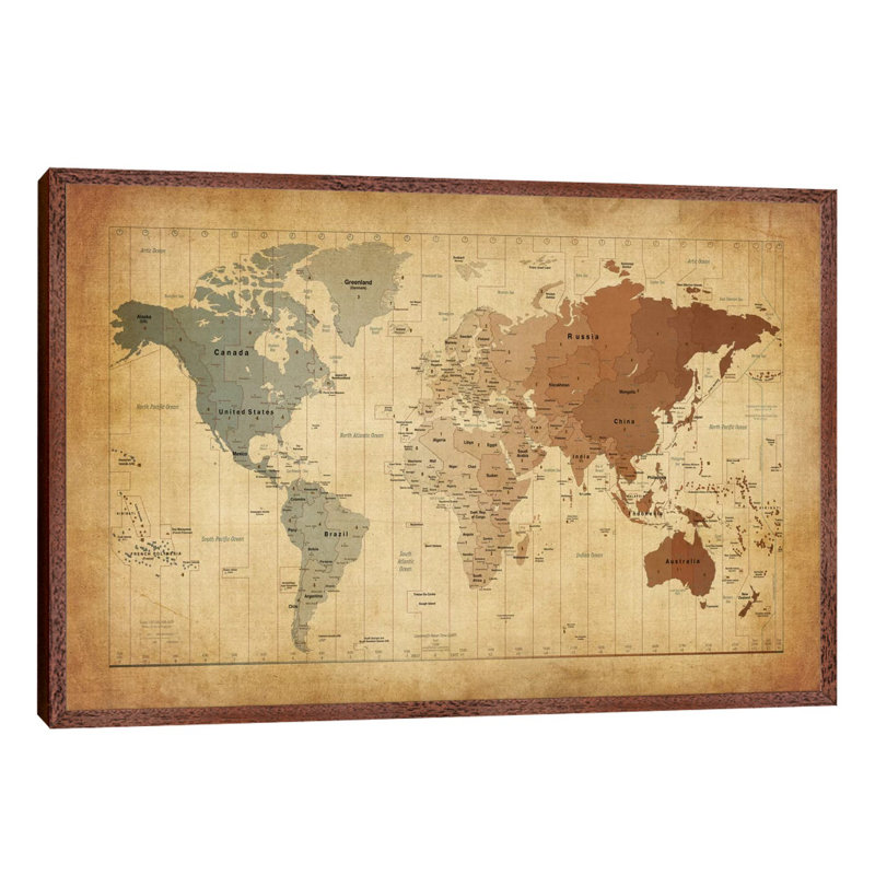 Map Of The World III by Michael Tompsett - Print on Canvas, 66.04 cm H x 45.72 cm W, Brown Framed