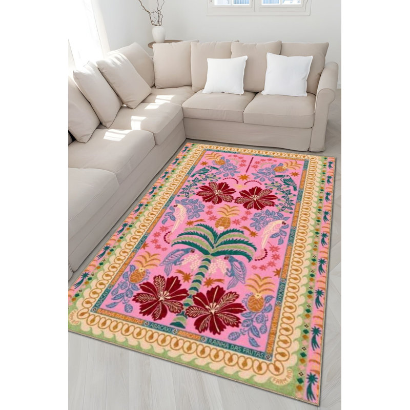 Tapis rose lavable à la machine à motif multicolore rose, Rectangle 3'11" x 5'11" Rug Pad Included