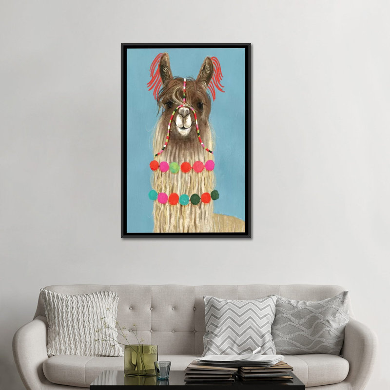 «Adorned Llama IV», impression sur toile tendue, H 26 po x l 18 po x P 1,5 po, Toile avec cadre noir, Pas de tapis