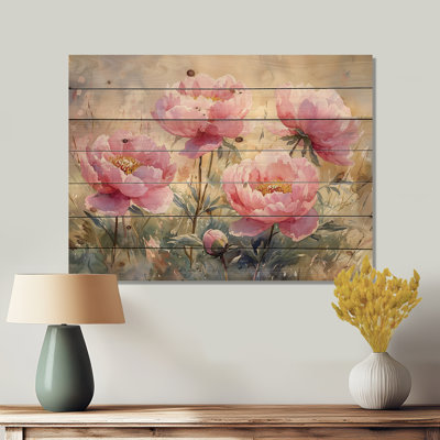 Pivoines et la prairie d'été II - reproduction de bois de pivoines - sur bois de pin naturel