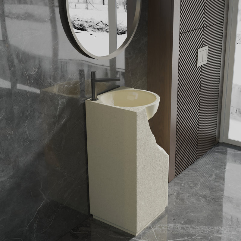 34" Tall Pedestal Bathroom Sink Solid Surface Bathroom Sink, Creamy