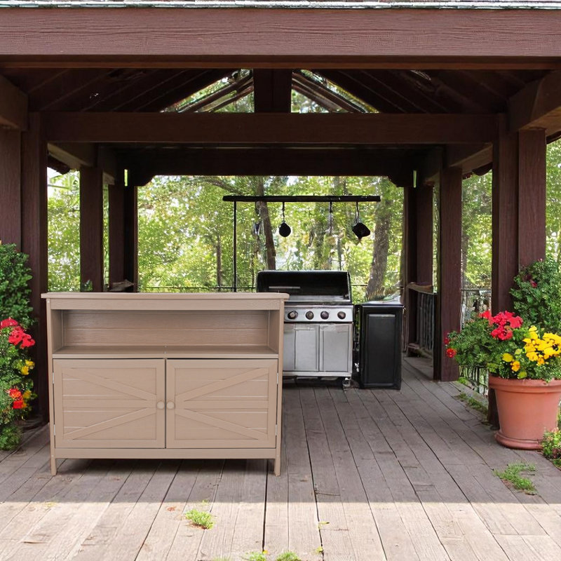 44'' Rectangular HDPE Outdoor Buffet & Console Table,With Storage And Shelves, Brown