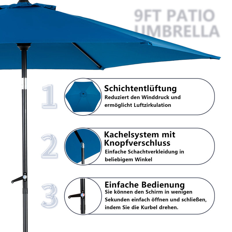 Parasol de patio 9 pi avec bouton poussoir inclinable et manivelle, Bleu