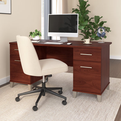 Kaionna 60” Office Desk with Drawers, Computer Office Desk with Storage, Modern Wood, Hansen Cherry