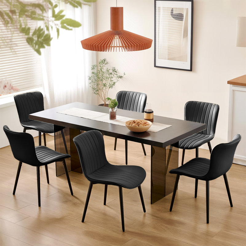 Modern Dining Chairs, Leather Dining Side Chairs With Sturdy Metal Frame & Non-Slip Feet For Kitchen, Restaurant, 6, Black