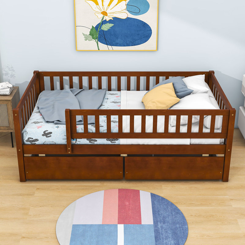 Wood Daybed with Two Drawers and Slats, Walnut, Twin