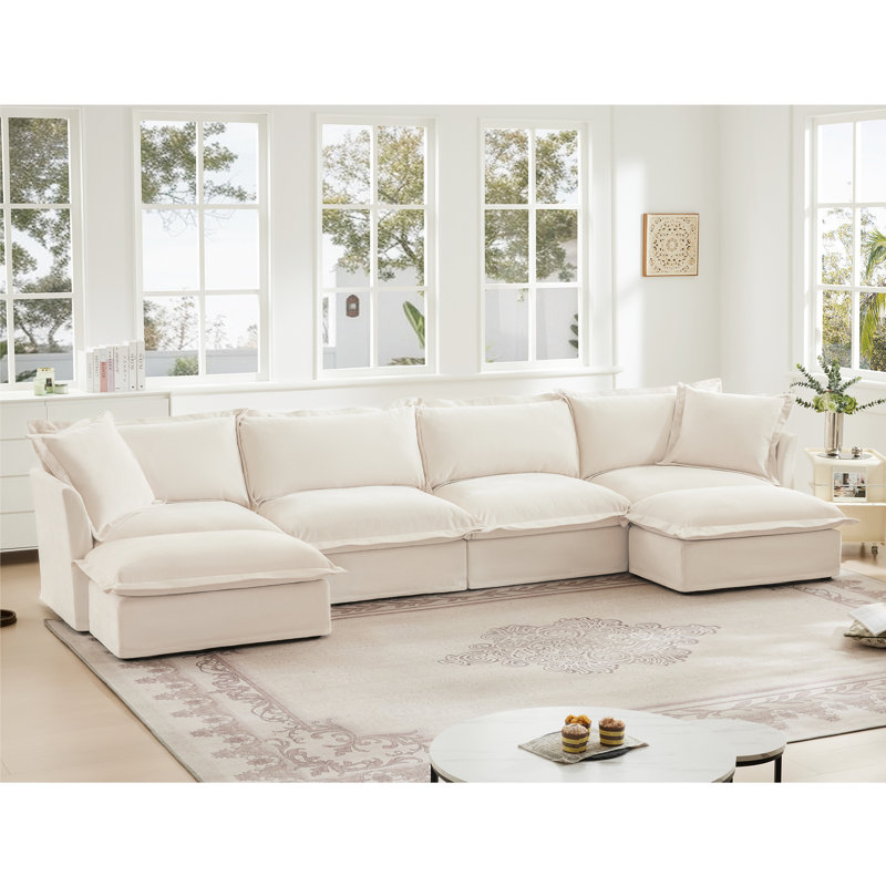 Canapé modulaire en U à assise profonde modulaire avec 2 repose-pieds Couchestra 6 pièces, Chenille beige
