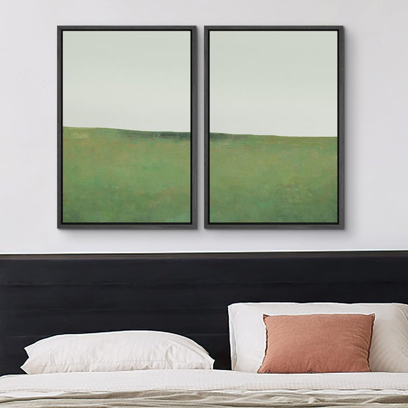 "Green Pastel Stroke Landscape Abstract Shapes", illustrations encadrées sur toile, 2 pièces, Noir