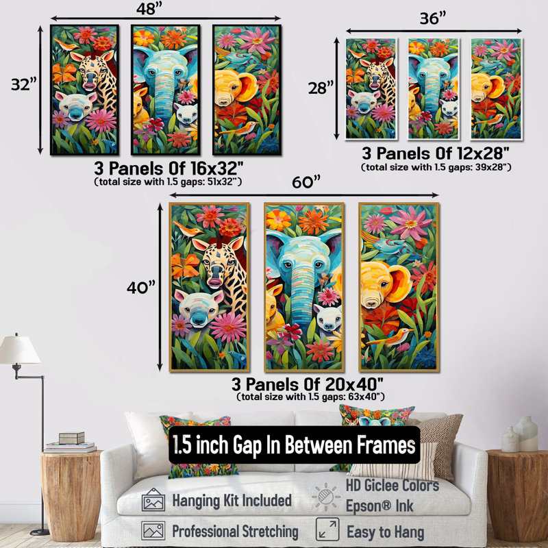 Colorful Colorful Animal Nursery III - Art mural de chambre de bébé, Cadre flottant noir, H 28 po x l 36 po