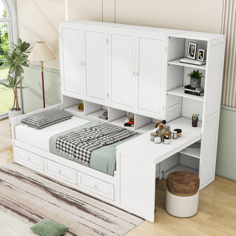 Wooden Daybed With Three Drawers, Shelves and Desk, Twin, White