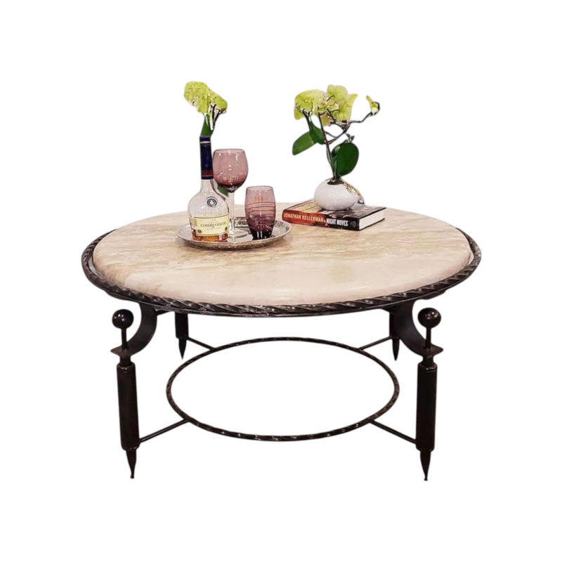 Table basse ronde en travertin crème | Plateau en pierre Bullnose Edge et base en fer forgé | Décoration de campagne méditerranéenne et toscane moderne
