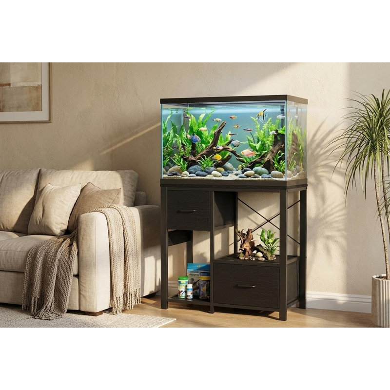 Support d'aquarium de 20 à 29 gallons avec prises de courant, support pour aquarium à 4 niveaux en métal et bois, Noir