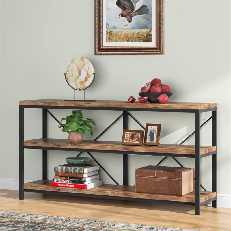 Console industrielle 55 po avec tablettes de rangement - canapé rustique brun à 3 niveaux derrière le canapé, table d'entrée étroite avec tablettes ouvertes pour le salon, le couloir, le meuble télé