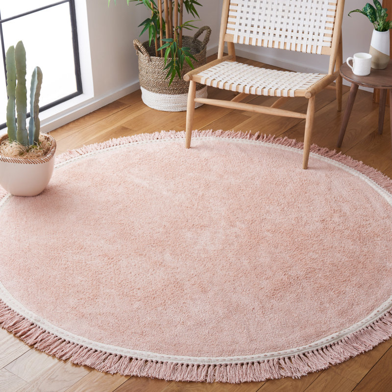 Hardrigg Handwoven Cotton Area Rug in Pink/Ivory, Round 8'