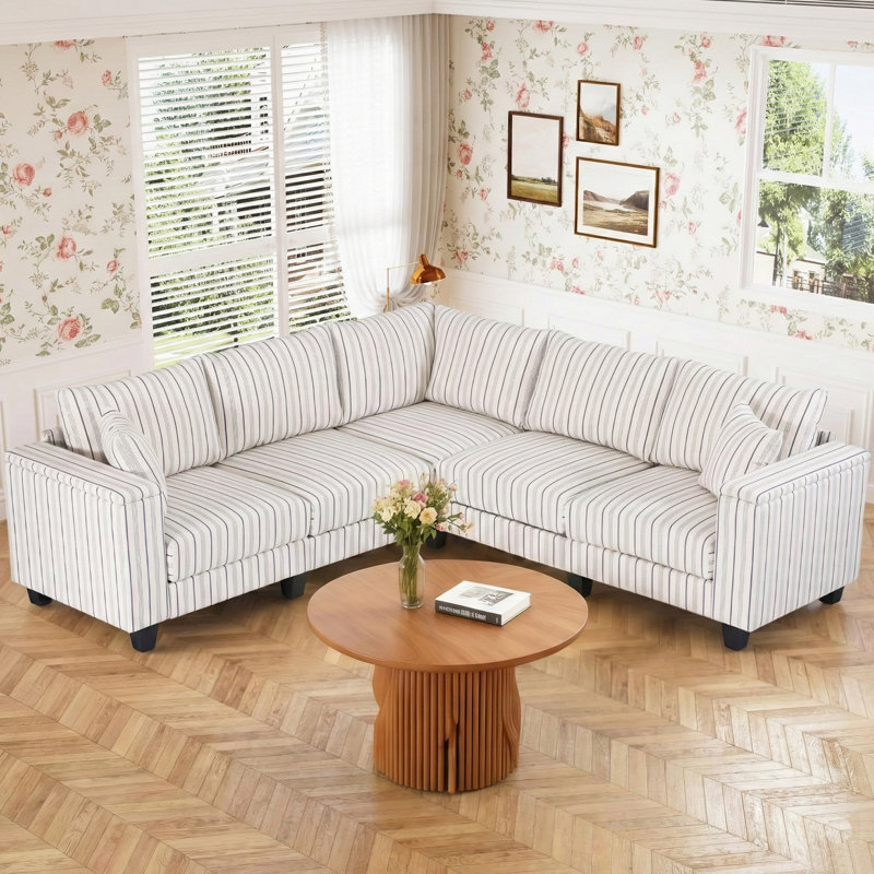 97" Vintage Stripe 5-Seat Sectional Sofa with Upholstered Storage Armrests and Throw Pillows