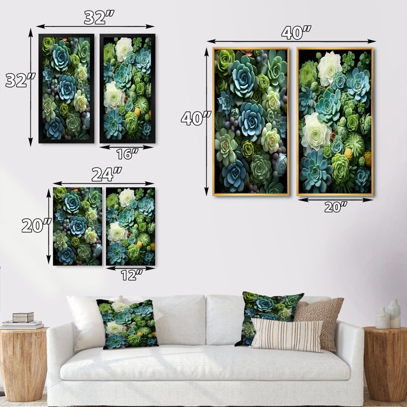 «Green Succulents Serenity Garden», 2 pièces, Cadre blanc, H 40 po x l 40 po