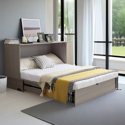 Cabinet Bed With Storage, Queen Bed ,Folding Foam Mattress & Oversized Drawers, Murphy Bed , Set Of Sockets & USB Ports,Space-Saving Folding Murphy Bed