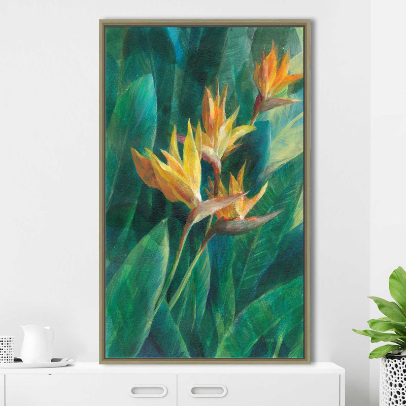 Oiseau du paradis I - Peinture, Cadre flottant champagne, H 43,5 po x l 27,5 po x P 2 po