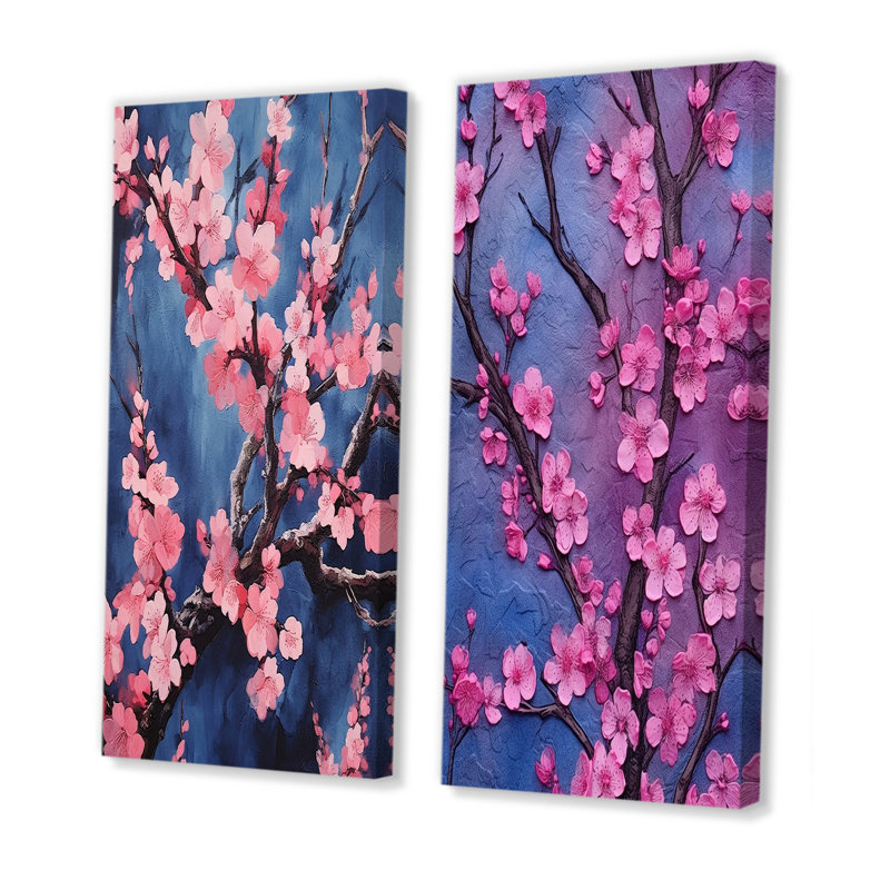 Ensemble de salon art mural cerisier rose et bleu Cherry Blossoms, H 28 po x l 25 po, Toile tendue