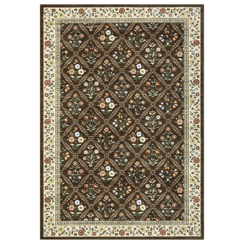 Machine Washable Bordered Rug Non Slip Rug Floral Foldable Rugs for Living Room Bedroom Playroom Nursery Dorm, Brown