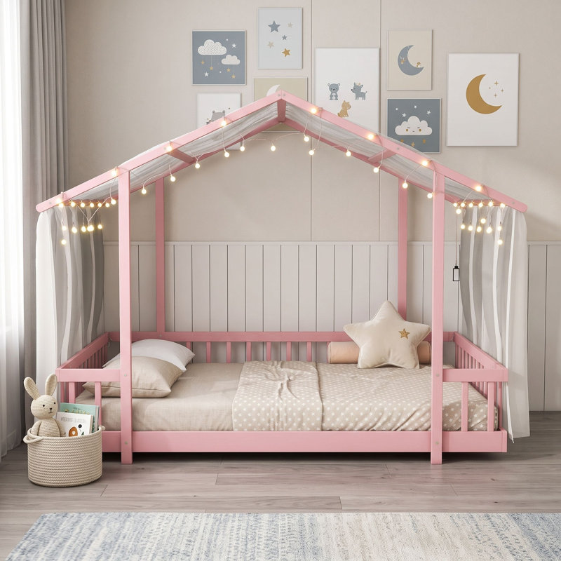Lit plateforme avec baldaquin et guirlandes lumineuses décoratives, Lit double, Rose