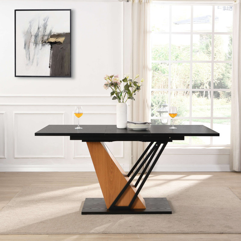 Extendable Dining Table, Geometric Rectangular Table With Sturdy Metal Frame And MDF Base, Adjustable Wooden Tabletop, Black