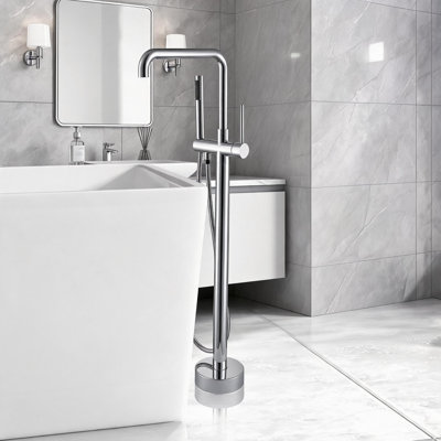 Freestanding Bathtub Faucet with Hand Shower in Chrome Finish and Metal Construction