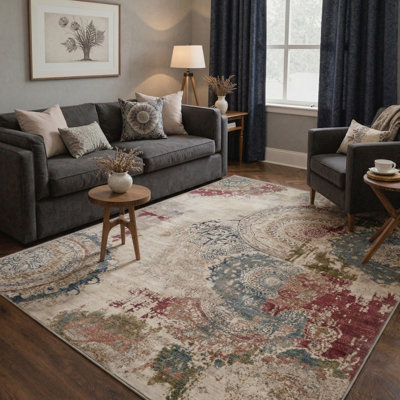 Aura Modern Abstract Machine Washable Red / Beige / Blue Indoor Area Rug with Non-Slip Backing