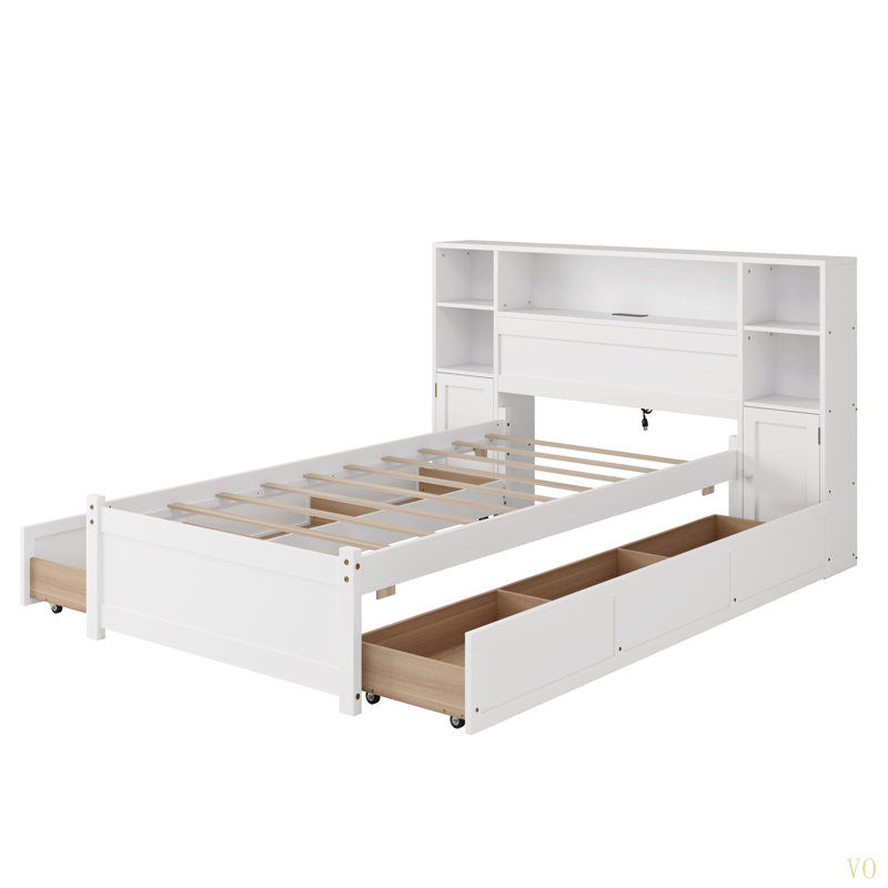 Lit de rangement en bois avec tête de lit haute bibliothèque allongée, 6 tiroirs et station de charge pour les adultes, sans sommier, simple