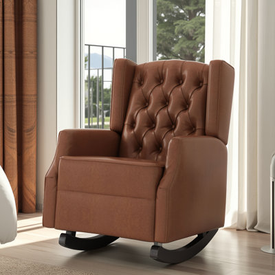 Chaise berçante à oreilles en polyuréthane brun clair avec structure en bois massif et coutures capitonnées en losanges pour le salon / la chambre à coucher