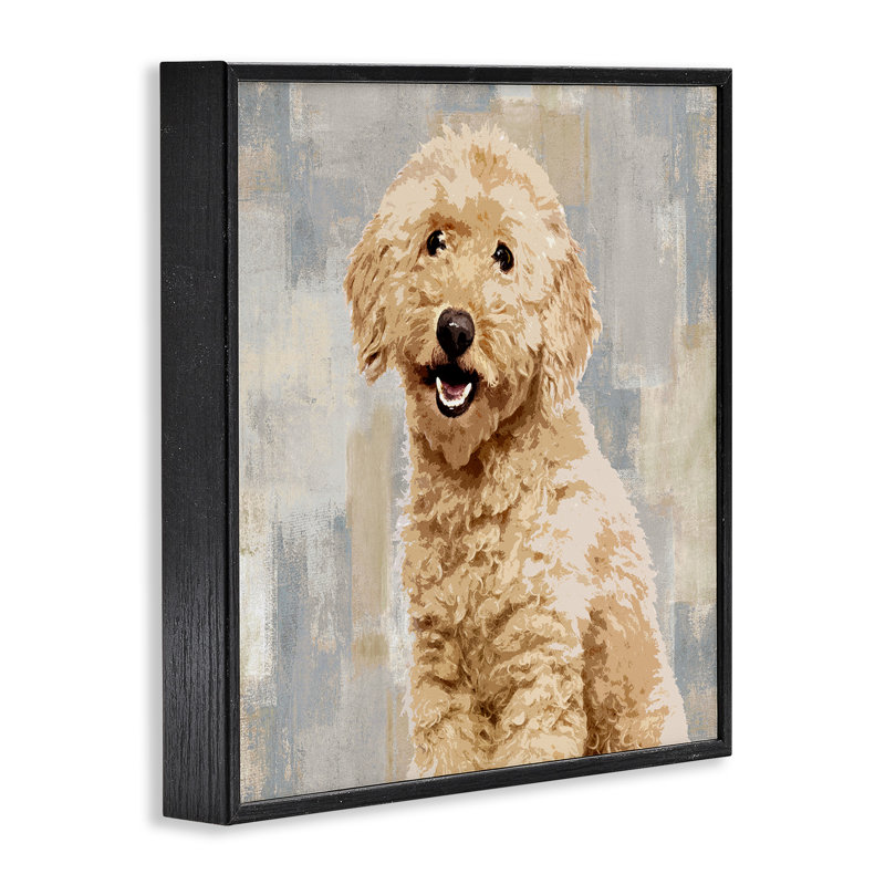 Chien souriant Labradoodle avec motif de gris et beige, L 17 po x H 17 po, Giclée encadrée noir minuit