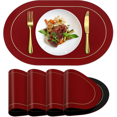 Faux Leather Placemats Set Of 4 - Double-Sided Color Oval Design Dining Table Mats Waterproof Washable Heat Resistant,Wine Red + Black -  Rainbow Home, B099QQLLSR.Eswl