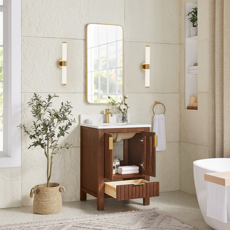 Meuble-lavabo à simple cuve 24 po en chêne brun foncé vieilli avec plateau en pierre composite à grain blanc, 24"