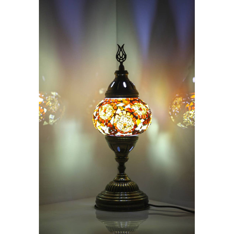 Kafthan Turkish Lamp w/ Plug-in - Mosaic Stained Glass Table Lamp, - Pavla Vintage Moroccan Lamp, Brown Separated Circles