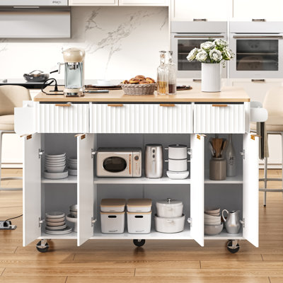 Îlot de cuisine cannelé 55,5 po avec abattant, table roulante avec plateau en faux marbre, prise de courant et support à épices Velis pour cuisine, salle à manger Velis