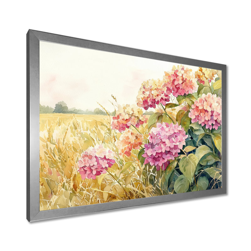 Paysage d'hortensias dans le champ de maïs - hydrangées, art mural, Argent argent, H 12 po x l 20 po, Floater Framed
