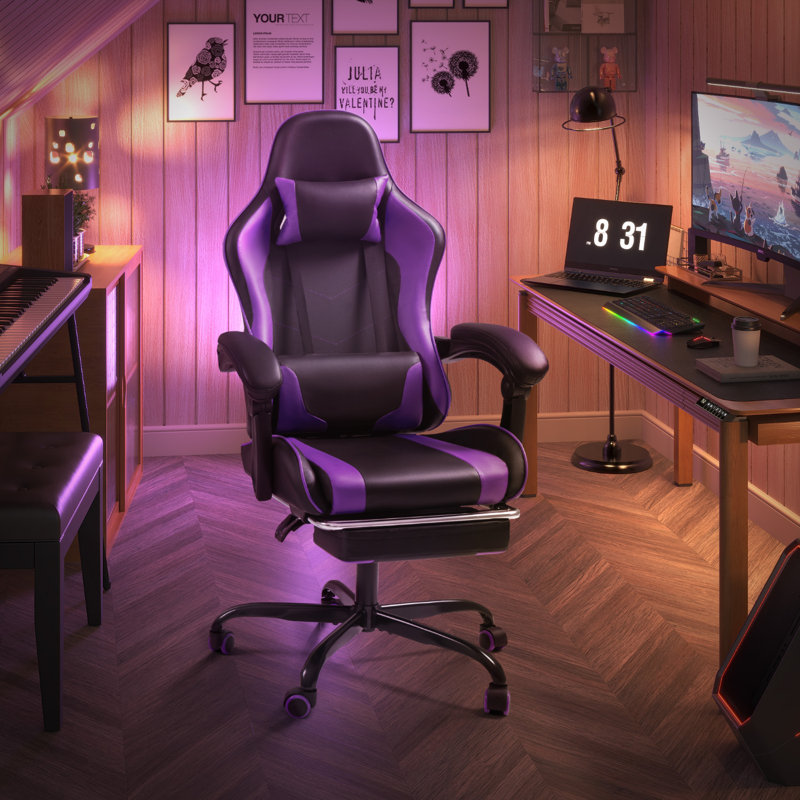 Adjustable Video Gaming Chair with Massage Swiveling PC & Racing Game Chair with Footrest, Black/Purple