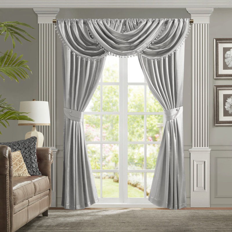 Silver Pleated Light-Filtering Polyester Curtain Panel with Tieback