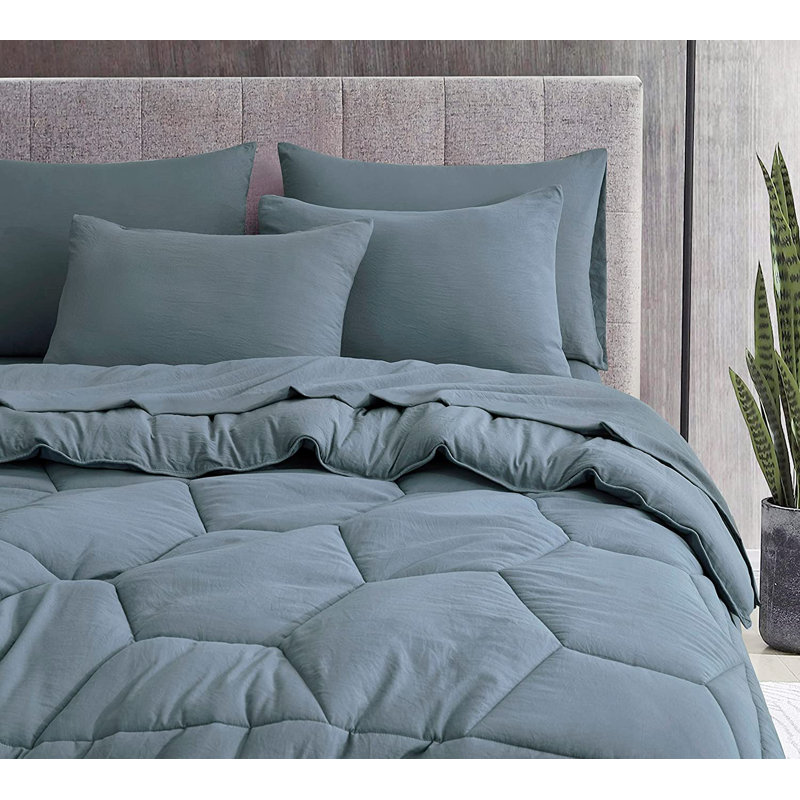 Washed Microfiber 7-Pieces Honeycomb Comforter Set with Sheets, King Comforter + 6 Additional Pieces, Dusty Blue