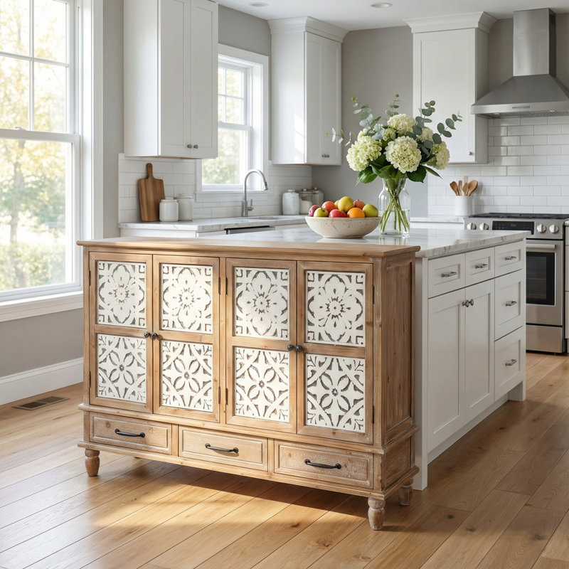 Élégante armoire d'appoint en bois naturel avec quatre portes et trois tiroirs avec tablettes réglables pour des solutions de rangement polyvalentes dans les salons, les cuisines et les salles à manger