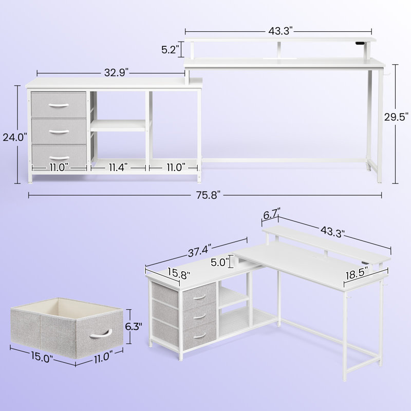 Bureau en L avec lumières et prises à DEL RVB, bureau d'ordinateur réversible avec tiroirs, Blanc / blanc
