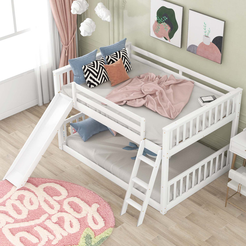 Lit superposé double sur double avec glissière convertible et échelle, Blanc