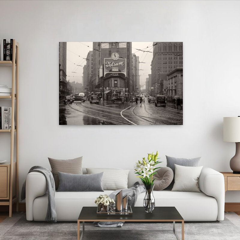 1930s 1940s RAINY DAY PEDESTRIANS CARS TROLLY TRACKS INTERSECTION PEACHTREE STREET AND FORSYTH BUSINESS DISTRICT ATLANTA GA USA by H. Armstrong Roberts - Wrapped Canvas Print