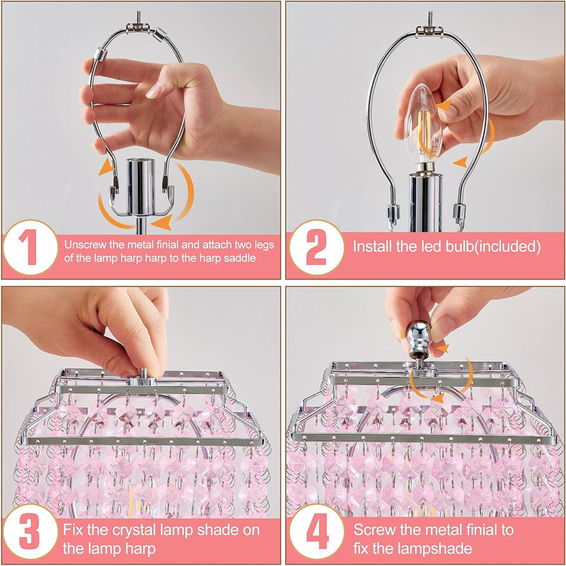 Deyontae Crystal Touch Table Lamp with USB C+A Ports, 3 Way Dimmable Lamp with Crystal Shade, Silver, Pink