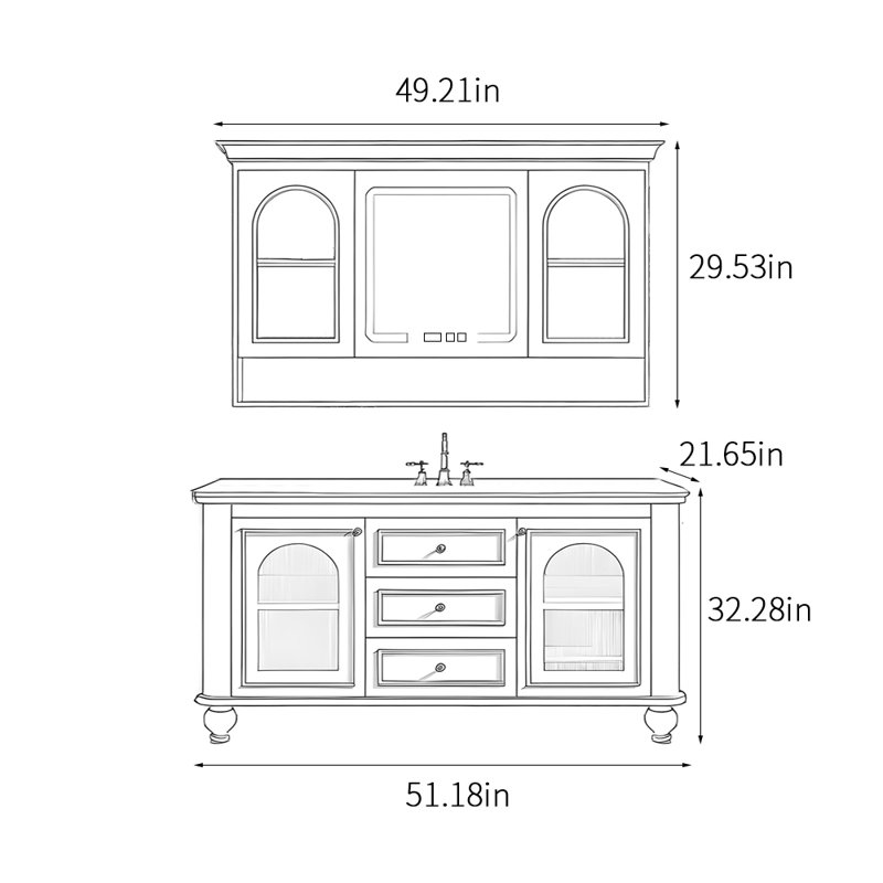 Simple medieval style bathroom cabinet, 32.28" H x 51.18" W x 21.65" D