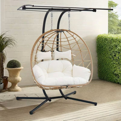 Double Egg Swing Chair With Stand And Canopy - 600Lb Capacity Outdoor Wicker Rattan Hammock, UV-Resistant Removable Cushions, Sturdy Steel Frame & All-Weather Protection For Patio, Garden, Or Terrace