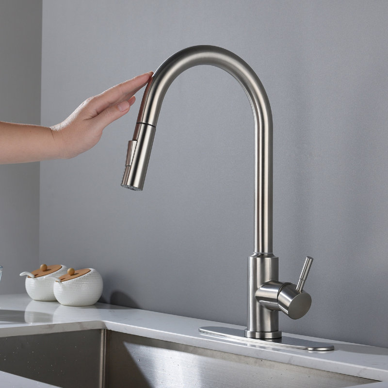 Touch Operated Kitchen Faucet With Pull-Down Spray - 360-Degree Rotation, Rust, Brushed Nickel, Stainless Steel Pull Down And Control Swivel, Stable Water Supply