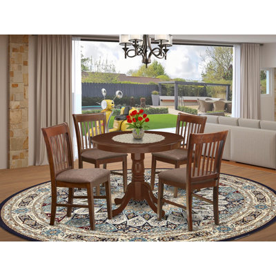 L'ensemble de table de cuisine 5 pièces pour 4 personnes comprend une table de salle à manger ronde avec piédestal et 4 chaises de salle à manger rembourrées en tissu de lin, 36 x 36 pouces, acajou