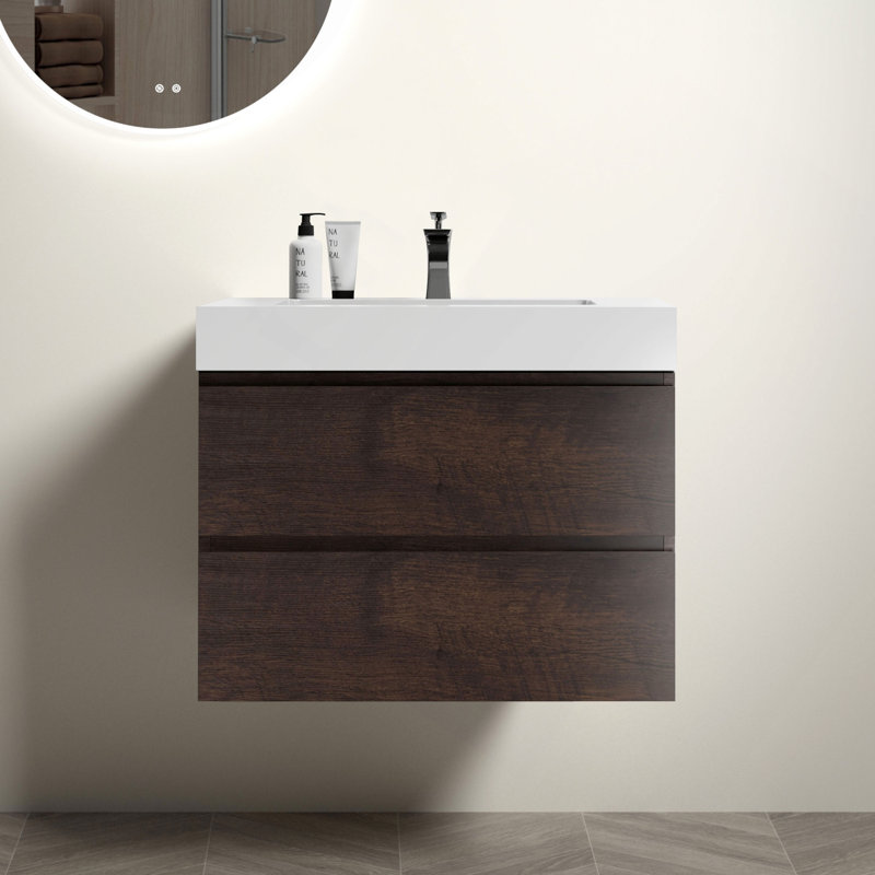 Meuble-lavabo de salle de bain avec lavabo, grand meuble-lavabo flottant mural pour salle de bain moderne, lavabo une pièce sans drain ni robinet, pré-assemblé
