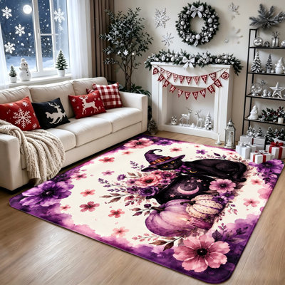 Mignon chat noir, sorcière, chapeau, citrouille, tapis antidérapant, tapis d'Halloween, tapis d'intérieur pour le salon, la chambre à coucher, la décoration intérieure